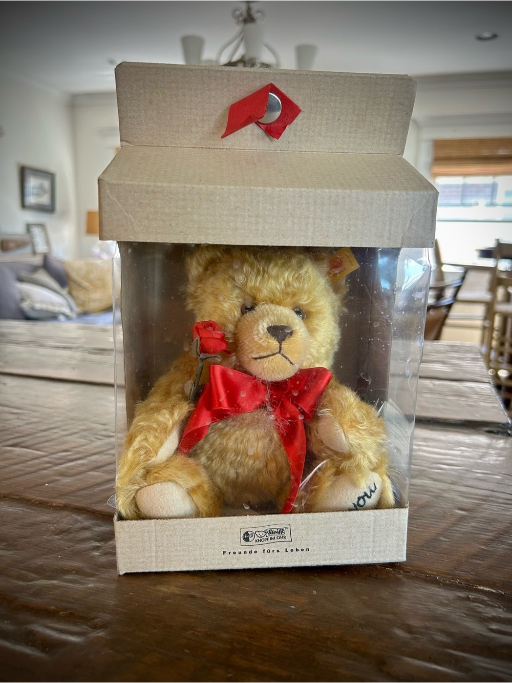 Steiff Golden Bear Plush with Red Bow and Rose